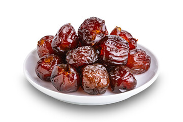 Pile of sweet pitted chinese jujube fruit preserved in syrup in white ceramic dish isolated on white background with clipping path.