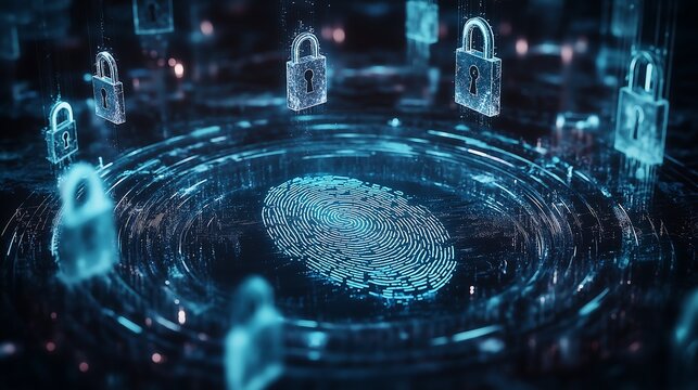 Fingerprint scanner with holographic locks, futuristic technology concept illustration.