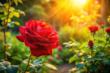 Obraz premium Stunning Drone Photography of a Backlit Red Rose in a Vibrant Garden Setting - Captivating Floral Landscape, Nature Beauty, and Scenic Views for Garden Lovers and Photography Enthusiasts