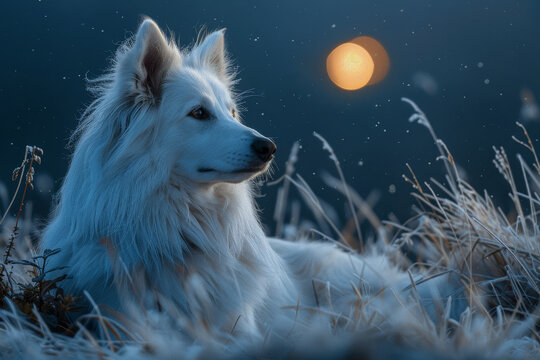  Majestic White Dog in Frosty Meadow at Dusk