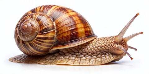 Close-Up Capture of a Garden Snail on a White Background, Showcasing Its Unique Shell Patterns and Textures, Perfect for Nature and Macro Photography Enthusiasts
