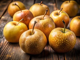 Close-Up Display of Fresh Shin Li Asian Pears at Farmers Market Showcasing Their Unique Texture and Colorful Skin Under Natural Light