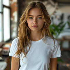  Young Woman with Long Hair in Casual White T-Shirt