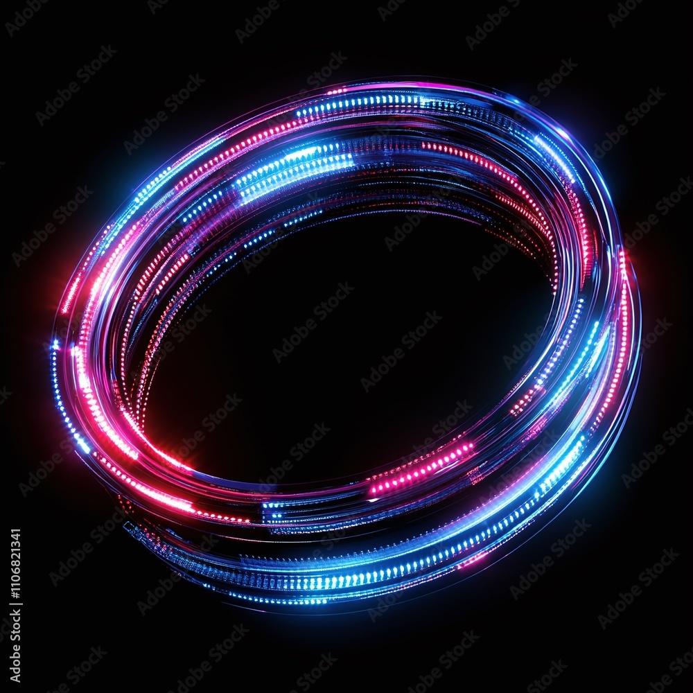 Poster Colorful Neon Light Trails Create a Dynamic Circular Shape on a Black Background for Creative Background Use