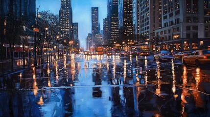 Fototapeta premium A rainy city street at dusk, reflecting lights from buildings and vehicles.