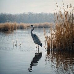 A heron standing tall in a still lake surrounded by tall reeds, with a serene white backdrop.