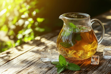 Refreshing iced tea in a glass pitcher with mint leaves and ice cubes on a sunny day