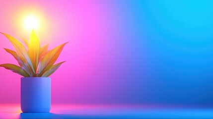 Vibrant Plant in Pot Neon Pink Blue Background Modern Minimalist Home Decor