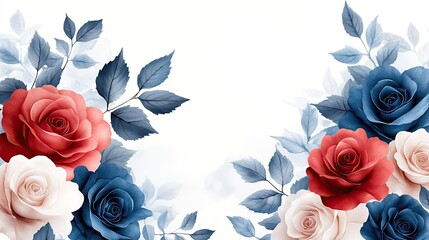 A floral border clip art featuring red, white, and blue rose flowers in a cute design