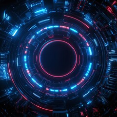 Fototapeta premium Futuristic Abstract Background with Circular Shape and Neon Lights in Blue and Red Colors