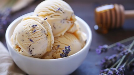 Honey lavender ice cream with a honey drizzle