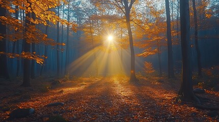 Fototapeta premium A forest in autumn with sunlight shining through the golden leaves, creating a peaceful and enchanting scene