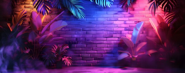 Fototapeta premium Neon Lit Brick Wall With Tropical Plants