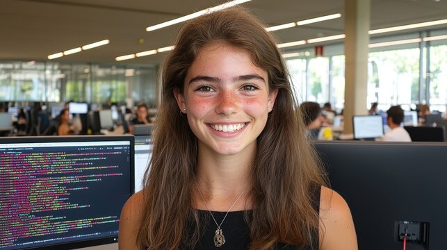 Smiling Female Software Developer Coding in Modern Office
