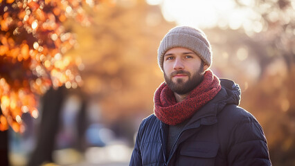 Obraz premium A man stands outdoors in colorful autumn park wearing cozy clothing, enjoying the sunshine
