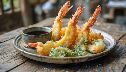 Crispy Tempura Shrimp and Vegetables on a Ceramic Plate