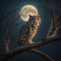 A wise old owl perched on a tree branch under the soft light of the moon.

