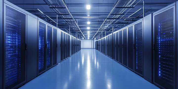 Modern Data Center with Rows of Server Racks, Network and Technology Infrastructure