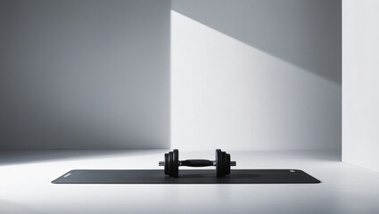 Sports background, dumbbell on the floor in the fitness room. copy space
