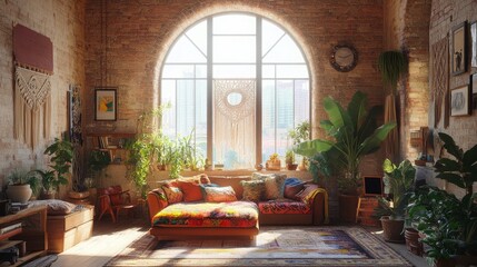 A vibrant bohemian loft with high ceilings, exposed brick walls, colorful textiles, vintage furniture, macramé hangings, lush greenery cascading from planters, and a sunlit reading nook 