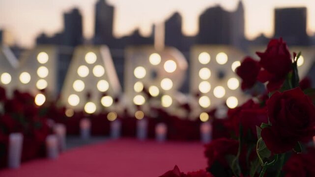 The romantic proposal includes Marry Me letters with rose petals and candles against a city skyline. The scenery creates a perfect setting for a special moment of commitment and love