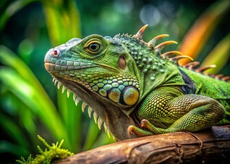 Fototapeta premium Close-up of a Green Iguana Lizard Resting on a Branch with High Depth of Field, Showcasing its Vibrant Scales and Relaxed Posture in a Lush Natural Environment