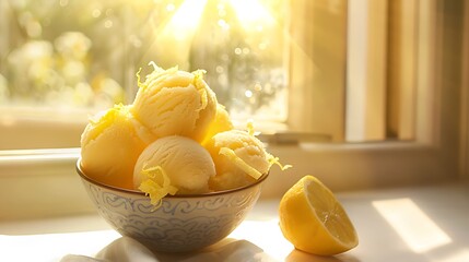Lemon sorbet in a ceramic bowl with a lemon zest garnish set against a sunny window
