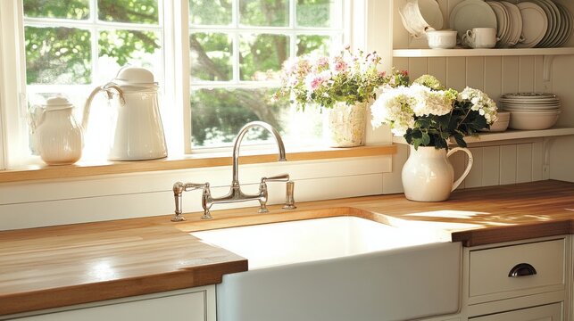 A charming cottage kitchen with white shaker cabinets, butcher block countertops, open shelving displaying vintage dishware, a farmhouse sink, fresh flowers in vases,, sunlight window 