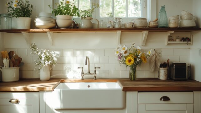 A charming cottage kitchen with white shaker cabinets, butcher block countertops, open shelving displaying vintage dishware, a farmhouse sink, fresh flowers in vases,, sunlight window 