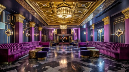 A stunning Art Deco-inspired ballroom with intricate gold detailing, geometric patterns on the ceiling, dramatic chandeliers, polished marble floors, and luxurious velvet seating in deep jewel tones