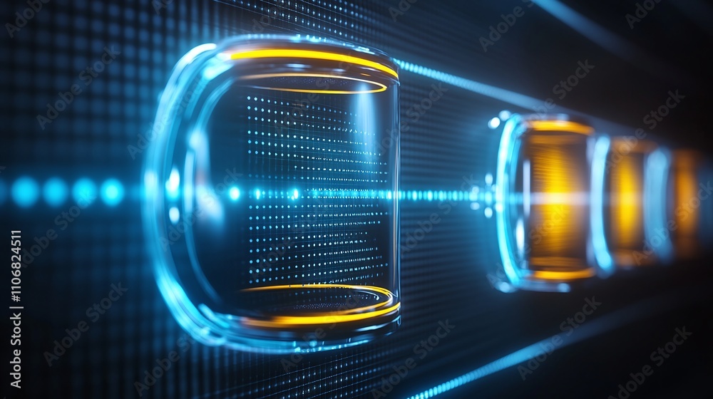 Poster Futuristic Glowing Technology Interface with Transparent Panels and Bright Particles in Dark Background