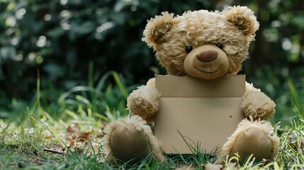 Little old teddy bear sitting on the grass in the garden and holding a piece of cardboard