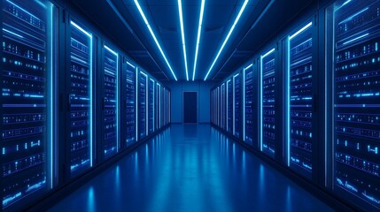 Fototapeta premium A Blue-Lit Server Room with Rows of Racks and a Door at the End