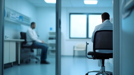 Fototapeta premium A clinical forensic psychiatrist conducting forensic psychiatric evaluations in a forensic psychiatry clinic, with forensic psychiatric assessment tools and psychiatric evaluation room visible