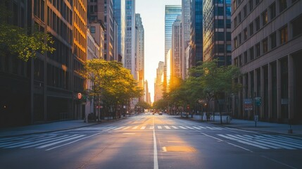 Obraz premium A serene urban street at sunset, showcasing tall buildings and a quiet atmosphere.
