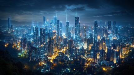 Fototapeta premium A Futuristic Cityscape Illuminated by Blue and Yellow Lights at Night