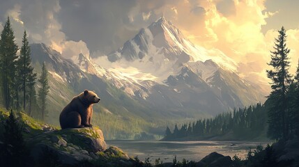 Majestic Grizzly Bear in Mountain Lake Landscape