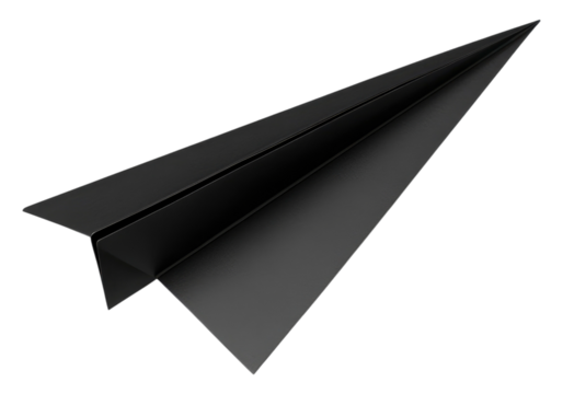 Black paper plane. Isolated asset with transparent background.