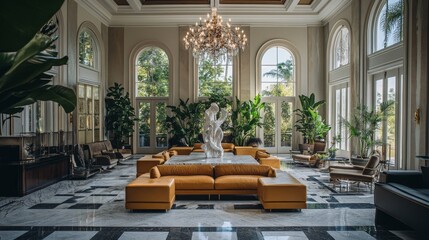 Obraz premium A luxurious boutique hotel lobby with marble floors, high vaulted ceilings, contemporary chandeliers, a mix of plush seating arrangements, and a centerpiece sculpture surrounded by vibrant greenery