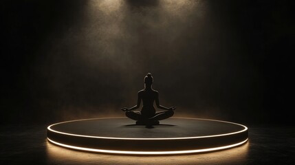 A silhouette meditating on a circular platform illuminated by soft light in a dark setting.