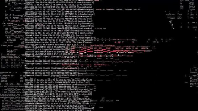 Hacking glitch Programming code noise effects Hackers program code, running on screen. encrypting computer files, Ransomware Malware Attack. digital technology security hacking or cyber security 3D 4K