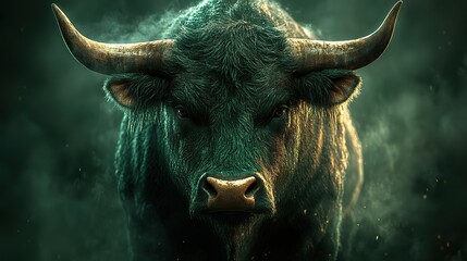 A green stock market chart with an of a bull, symbolizing growth in the market and successful financial trends