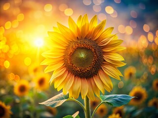 Obraz premium Close-Up of a Vibrant Sunflower in a Field with Bokeh Effect Highlighting Its Beauty and Surrounding Nature, Perfect for Nature Lovers and Floral Photography Enthusiasts
