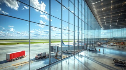 Obraz premium Airport terminal interior with large windows showing airplanes, trucks, and tarmac.