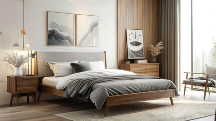 Contemporary Minimalist Bedroom with Wooden Furniture and Abstract Art