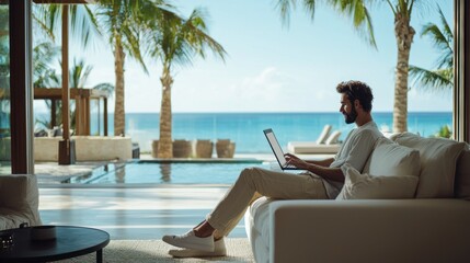 Person using a laptop while enjoying a luxury lifestyle, working remotely from a stylish location