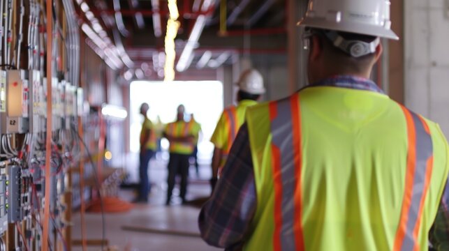 On a bustling construction site a team of code inspectors diligently reviews the electrical wiring and outlets to ensure they comply with safety standards.