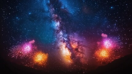 Naklejka premium A vibrant cosmic scene featuring a galaxy and colorful fireworks in a starry sky.