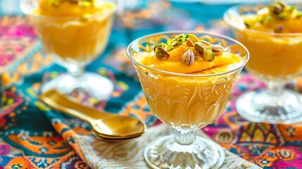 Mango lassi ice cream garnished with pistachios set on an exotic colorful rug