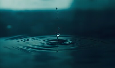 A focused water drop creates ripples on a calm surface reflecting light and revealing surface tension